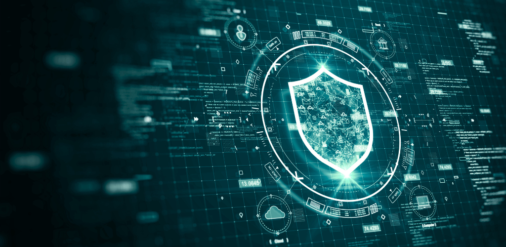 Digital cybersecurity concept showing a glowing shield surrounded by data and network symbols on a dark grid background, representing data protection and secure technology systems.